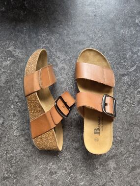 Browns Leather EUC Cassis Wedge Double Buckle Cork Slide Sandals Sz 39/ 8